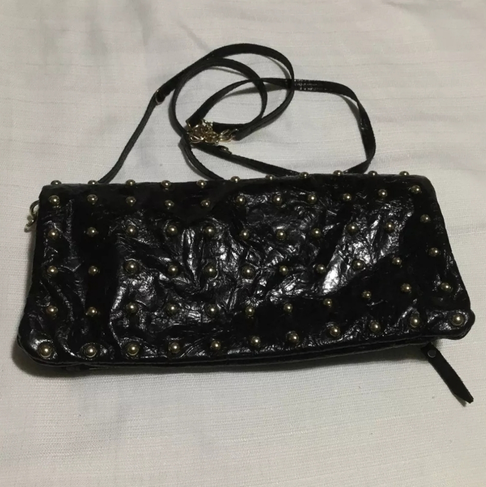 Joseph Charles Leather Studded Fold Over Crossbody Clutch Bag